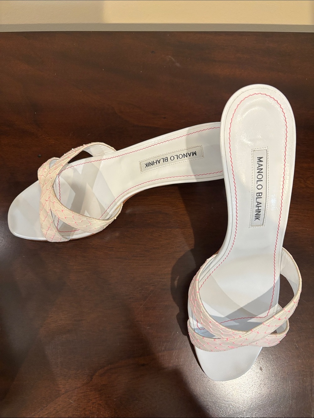 Manolo Blahnik White and Pale Pink Braided Slide Mules